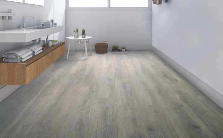 gray washed wood look laminate in modern minimal bathroom